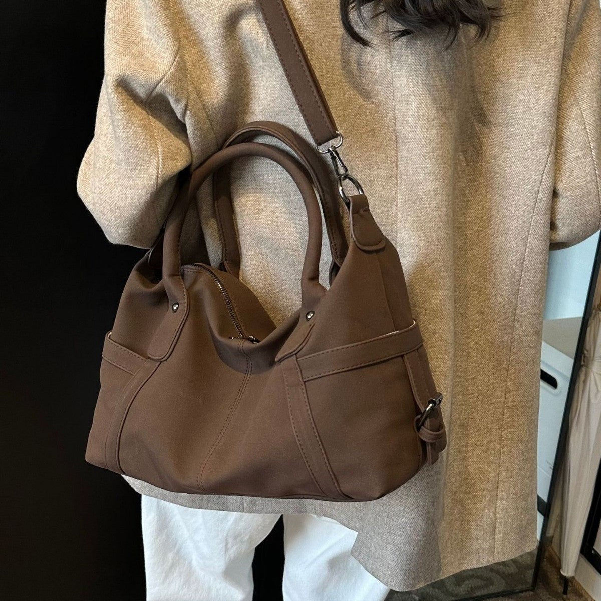 Faux Suede Bowling Bag with Crossbody Strap