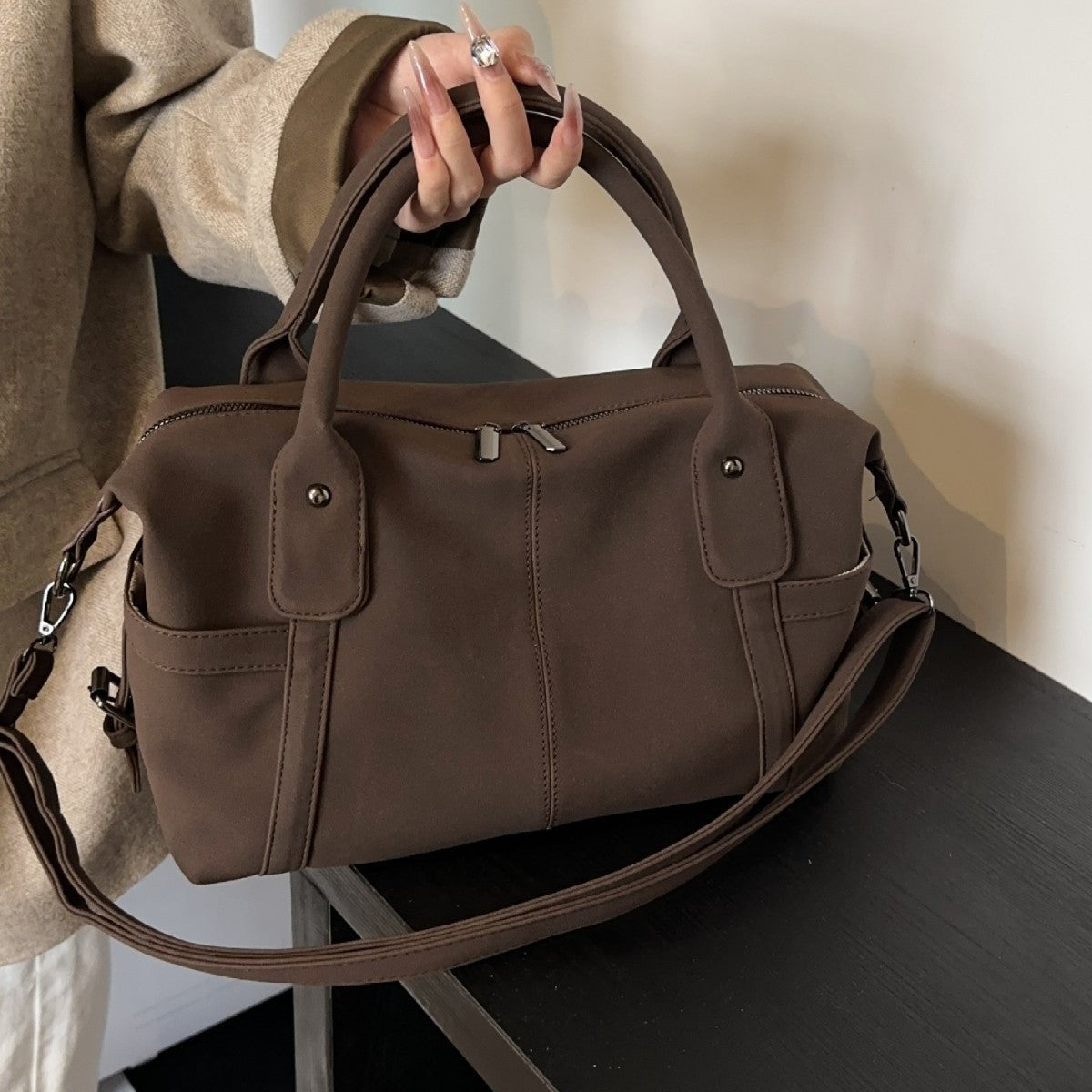 Faux Suede Bowling Bag with Crossbody Strap