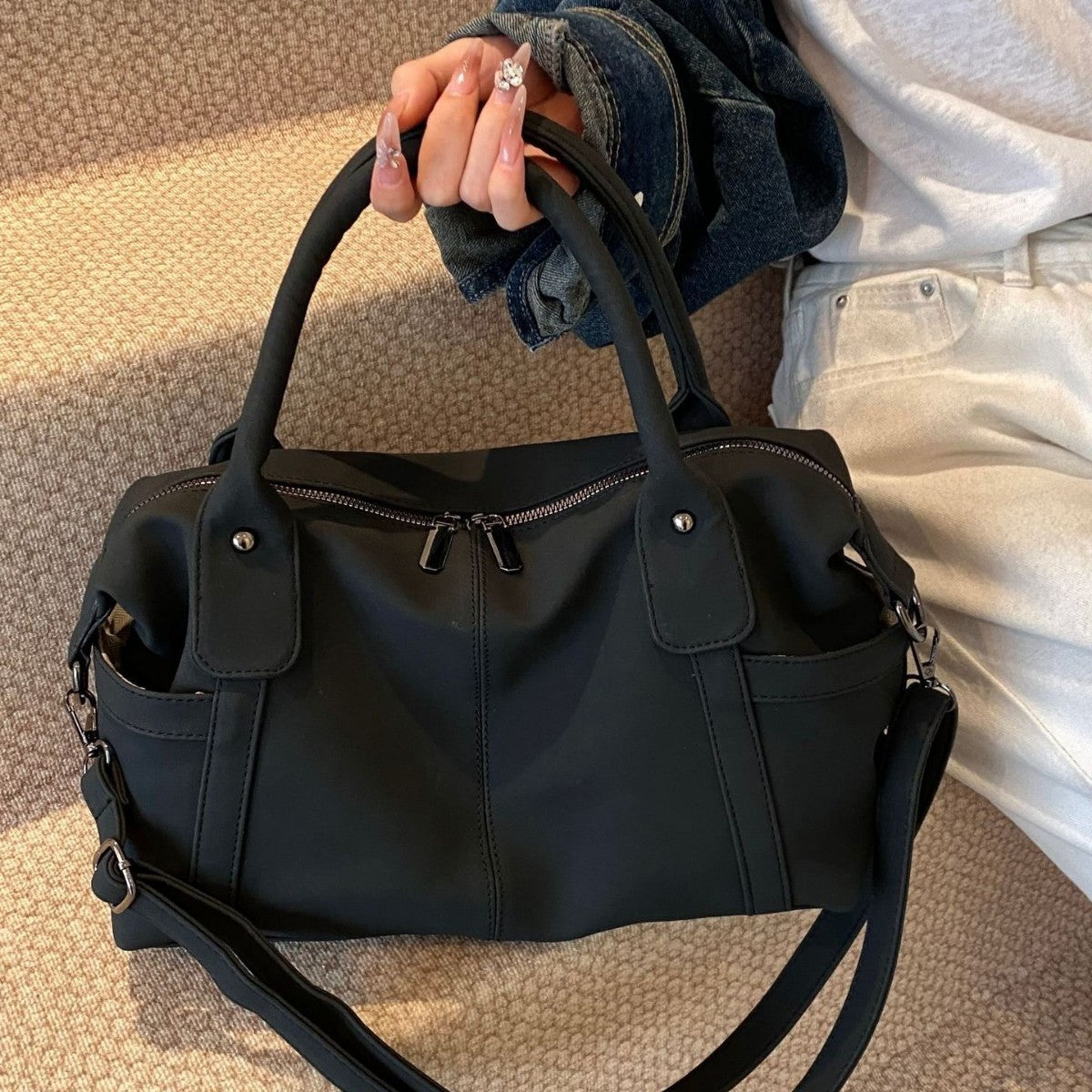Faux Suede Bowling Bag with Crossbody Strap