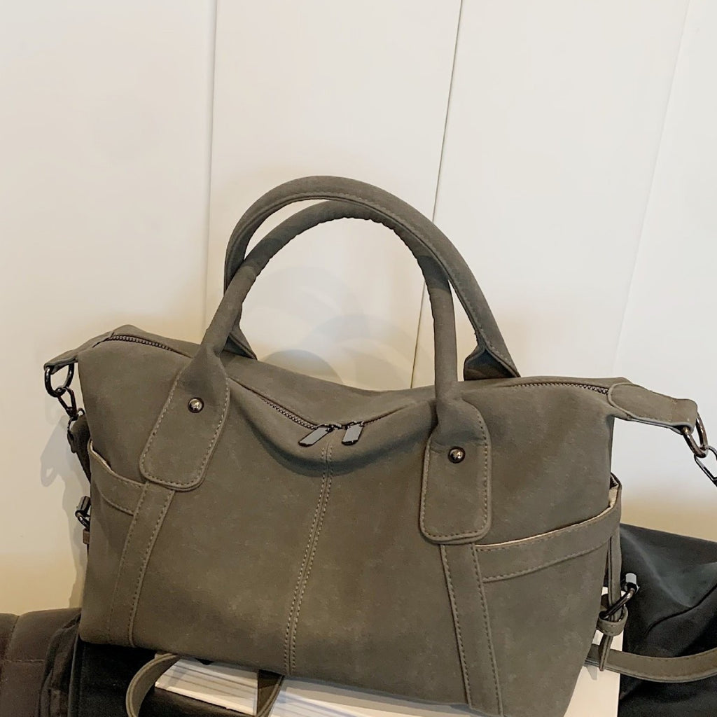 Faux Suede Bowling Bag with Crossbody Strap