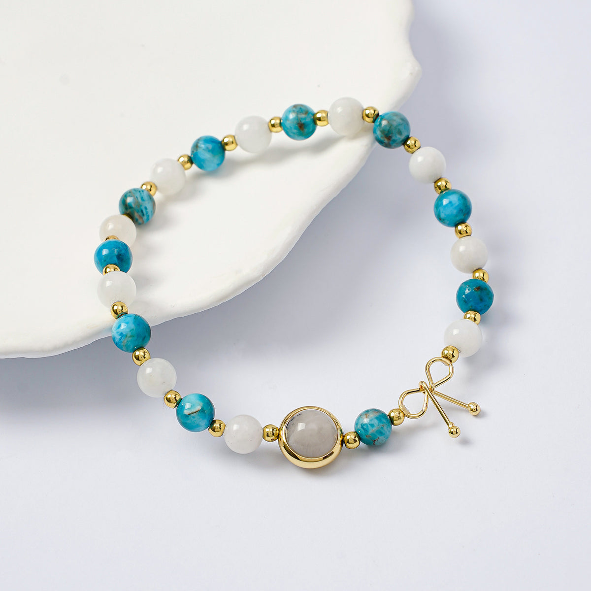 Natural Stone Beaded Bow Charm Bracelet - Blue