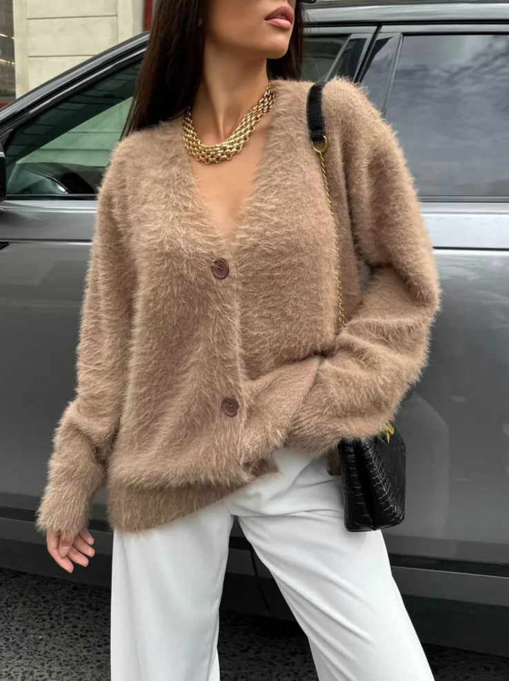 Slouchy Fuzzy Button Front Cardigan - Camel