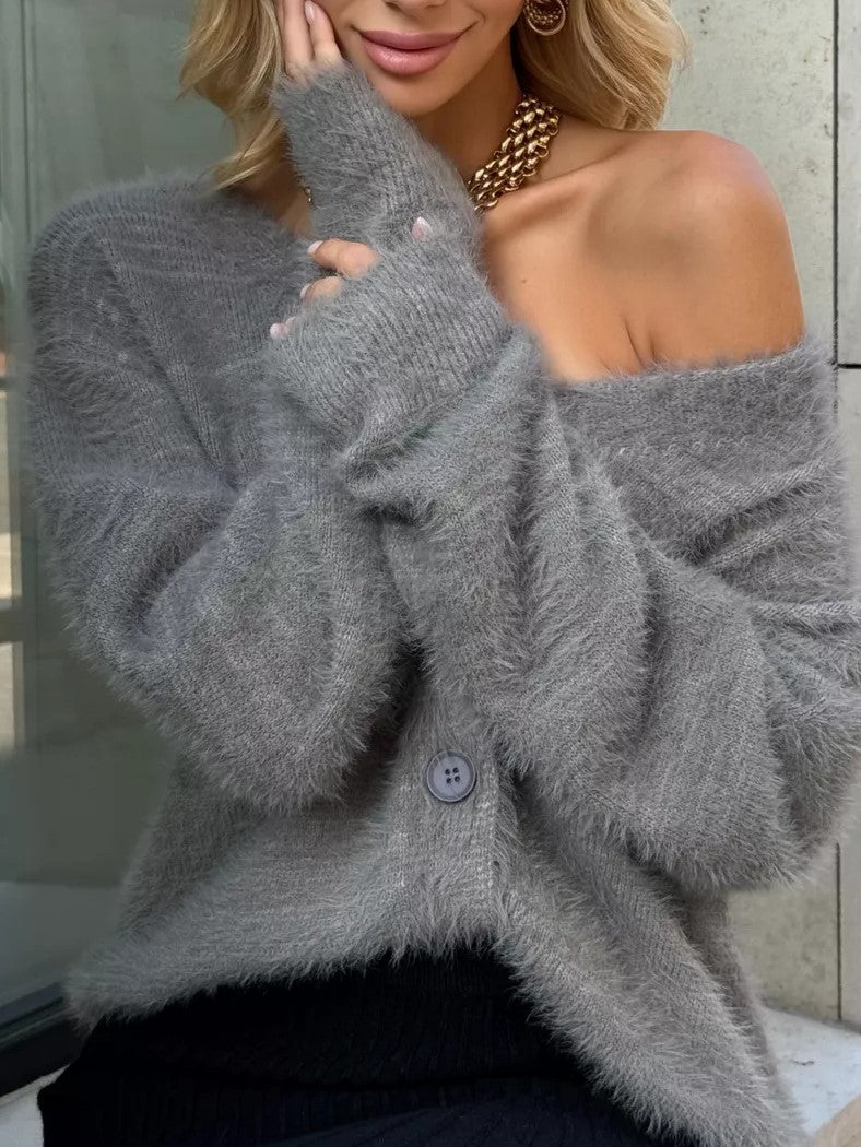 Slouchy Fuzzy Button Front Cardigan - Darkgrey - 1