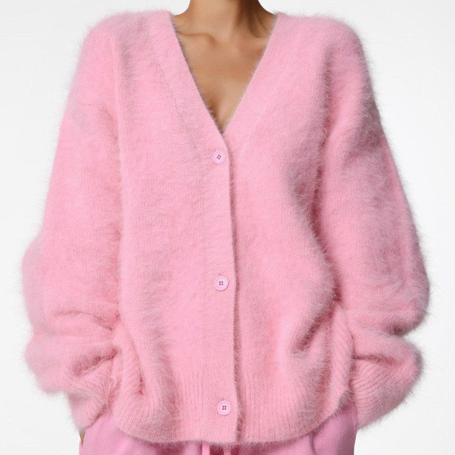 Slouchy Fuzzy Button Front Cardigan - Pink