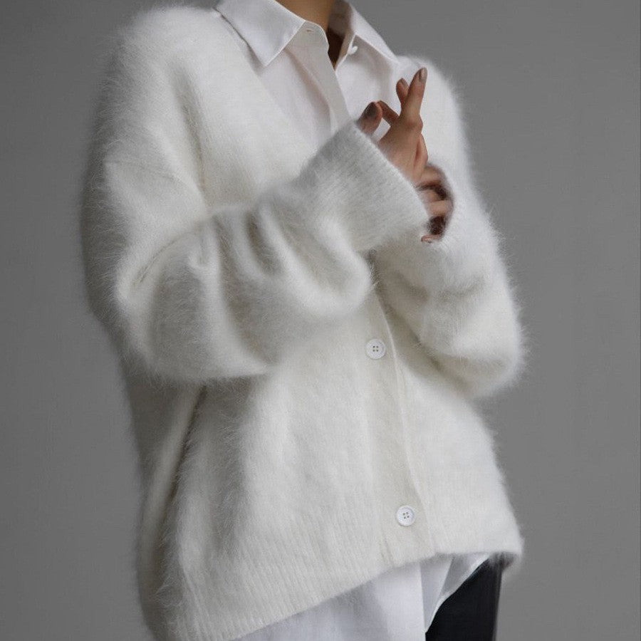 Slouchy Fuzzy Button Front Cardigan - White