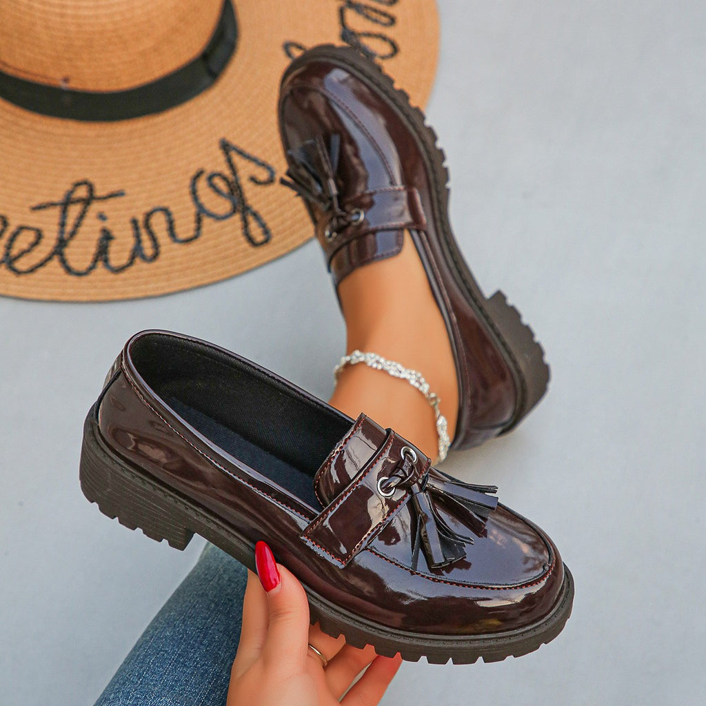 Patent Tassel Loafers with Chunky Lug Sole - Brown