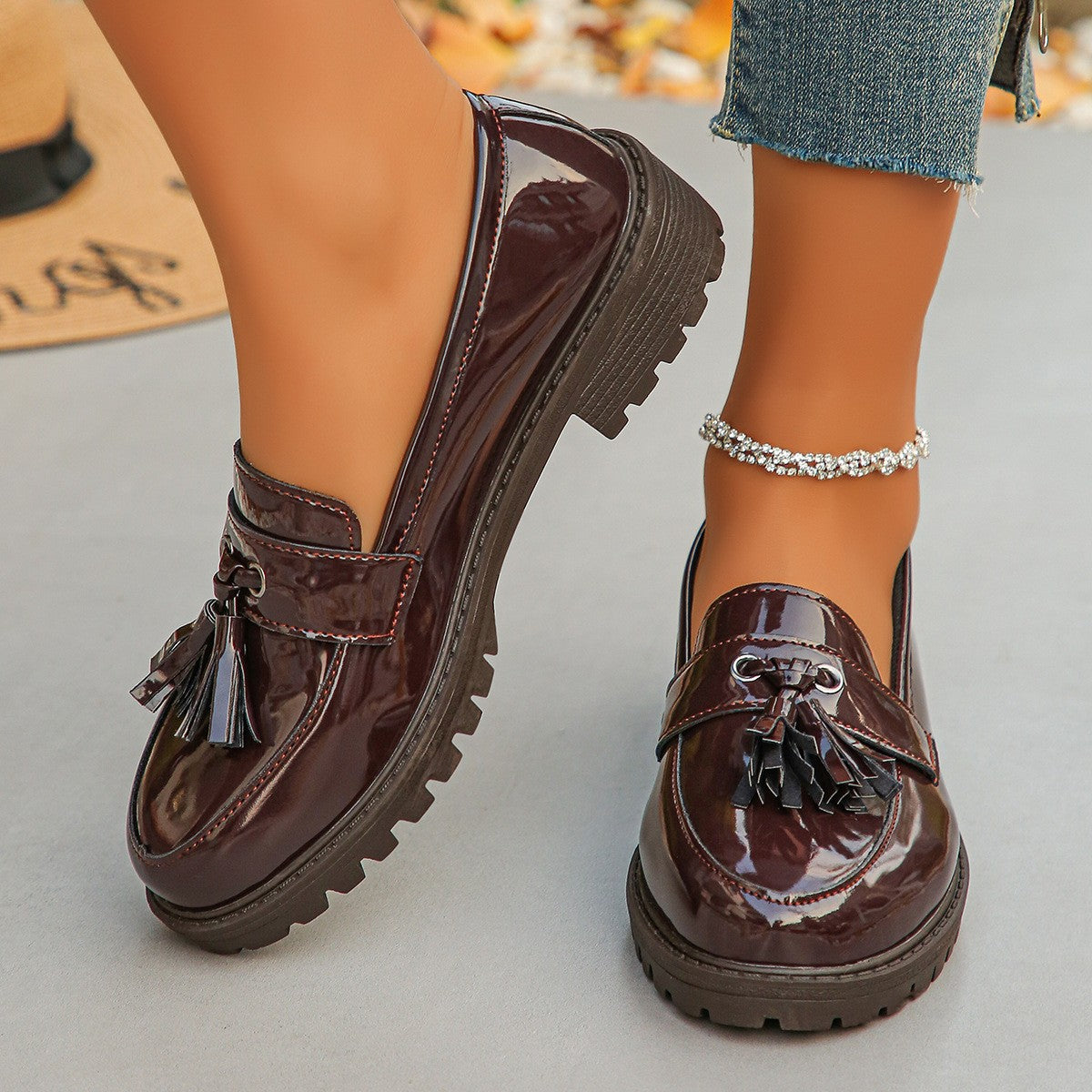 Patent Tassel Loafers with Chunky Lug Sole