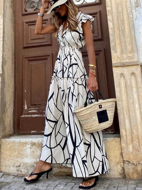 Abstract Line Print Ruffle Maxi Dress - White