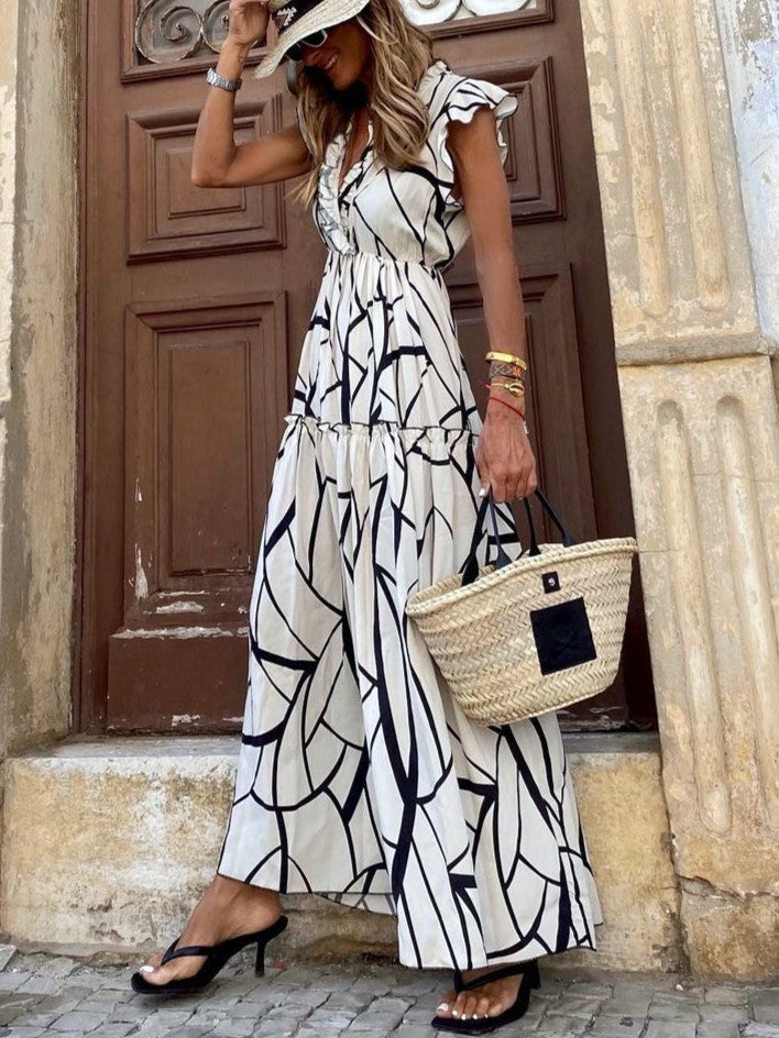 Abstract Line Print Ruffle Maxi Dress