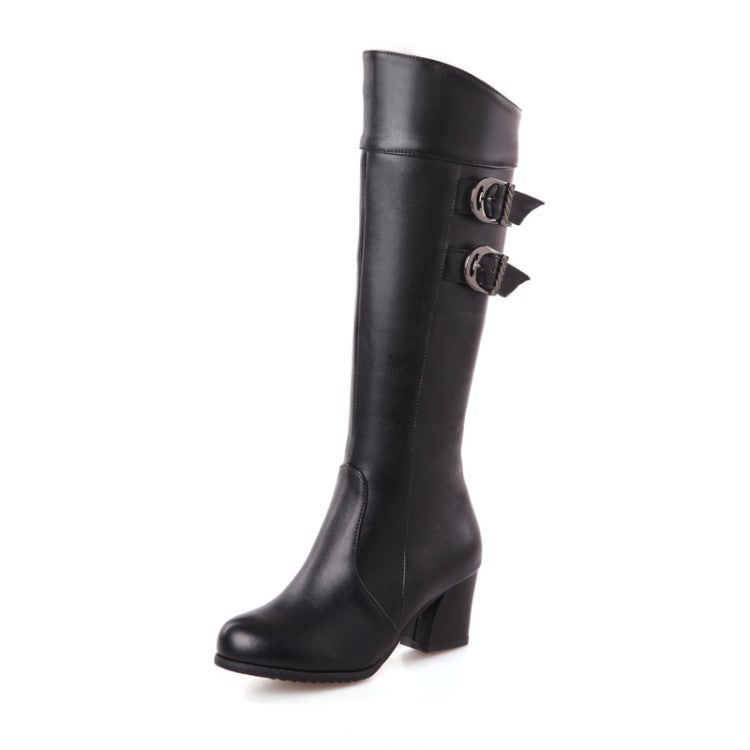 Double Buckle Knee High Block Heel Boots - Black