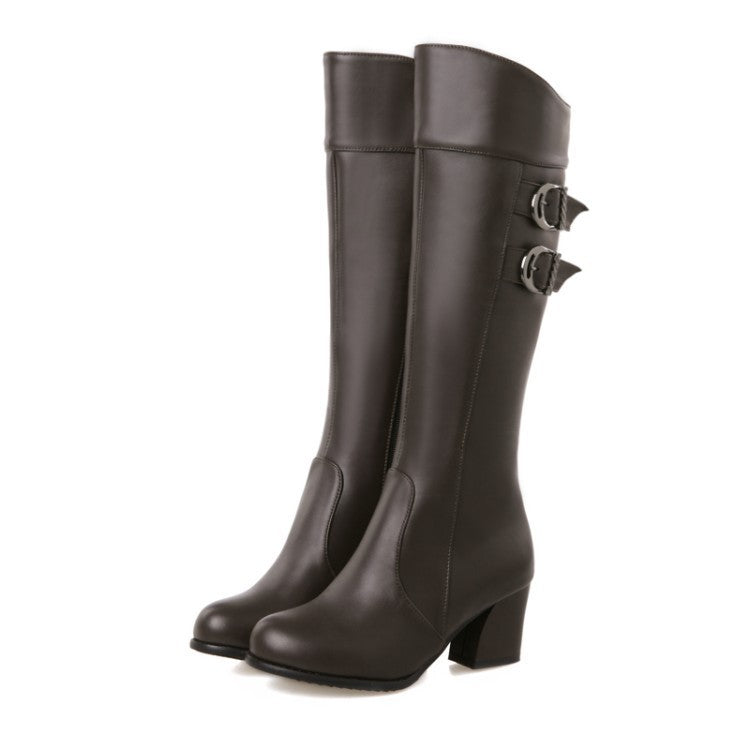 Double Buckle Knee High Block Heel Boots - Brown