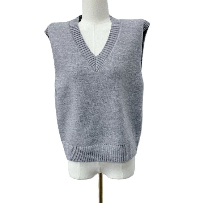 V Neck Sleeveless Knit Sweater Vest - Grey