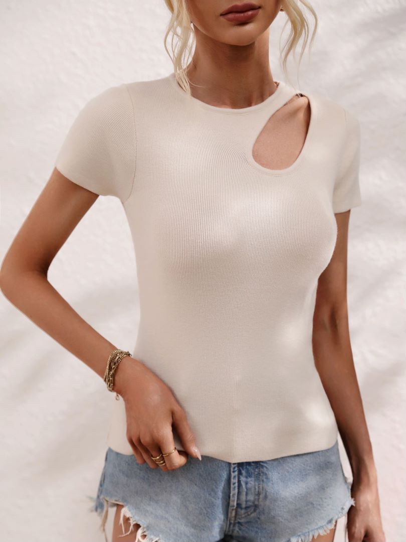 Teardrop Cutout Shoulder Fitted Knit Top - Apricot - 1
