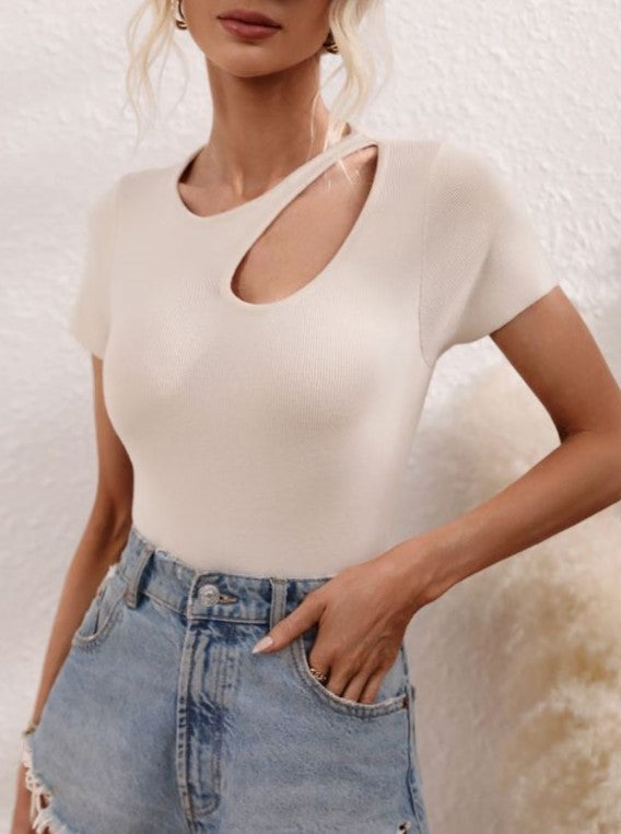 Teardrop Cutout Shoulder Fitted Knit Top - Apricot - 2