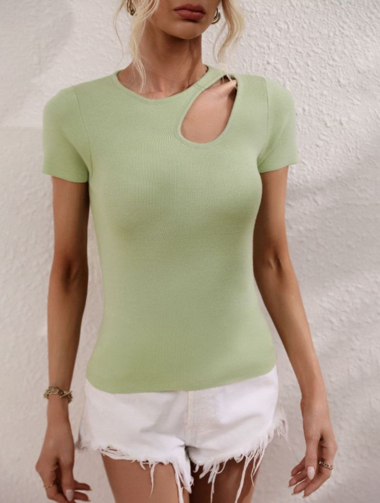 Teardrop Cutout Shoulder Fitted Knit Top - Green