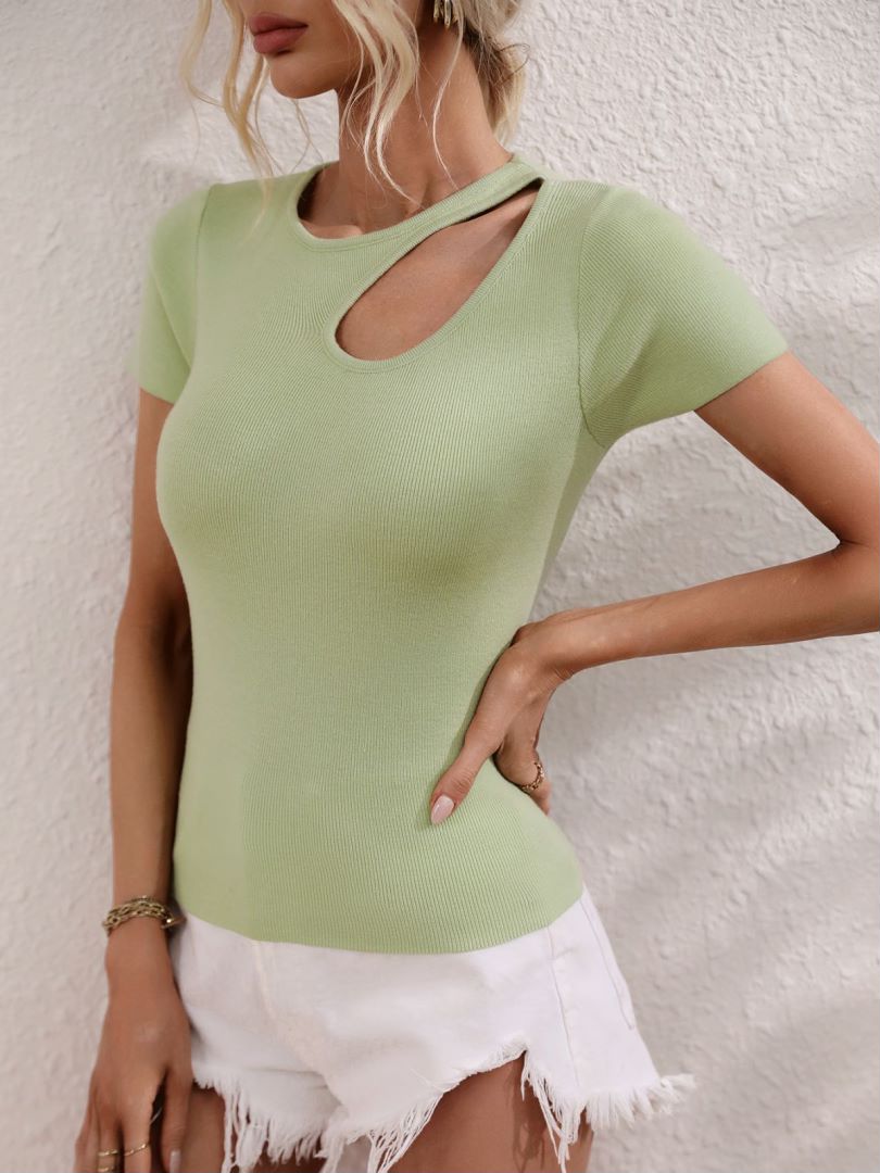 Teardrop Cutout Shoulder Fitted Knit Top - Green - 1