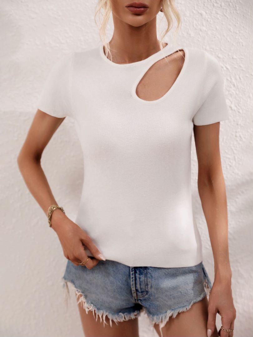 Teardrop Cutout Shoulder Fitted Knit Top - White - 1