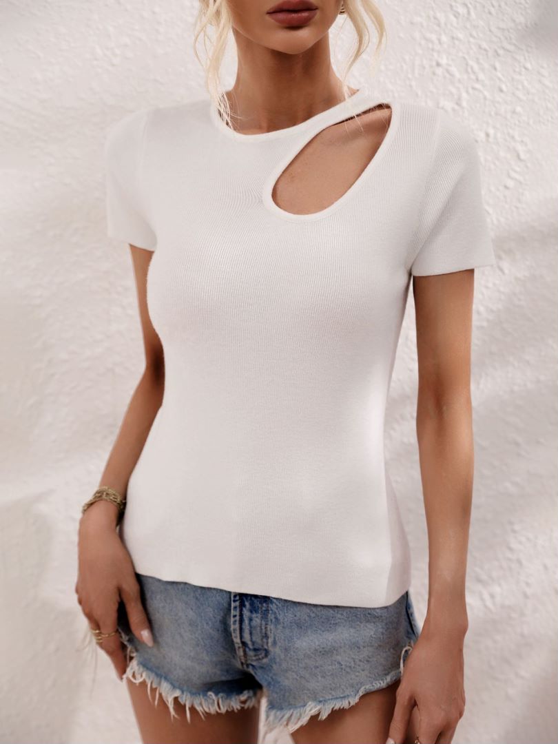 Teardrop Cutout Shoulder Fitted Knit Top - White - 2
