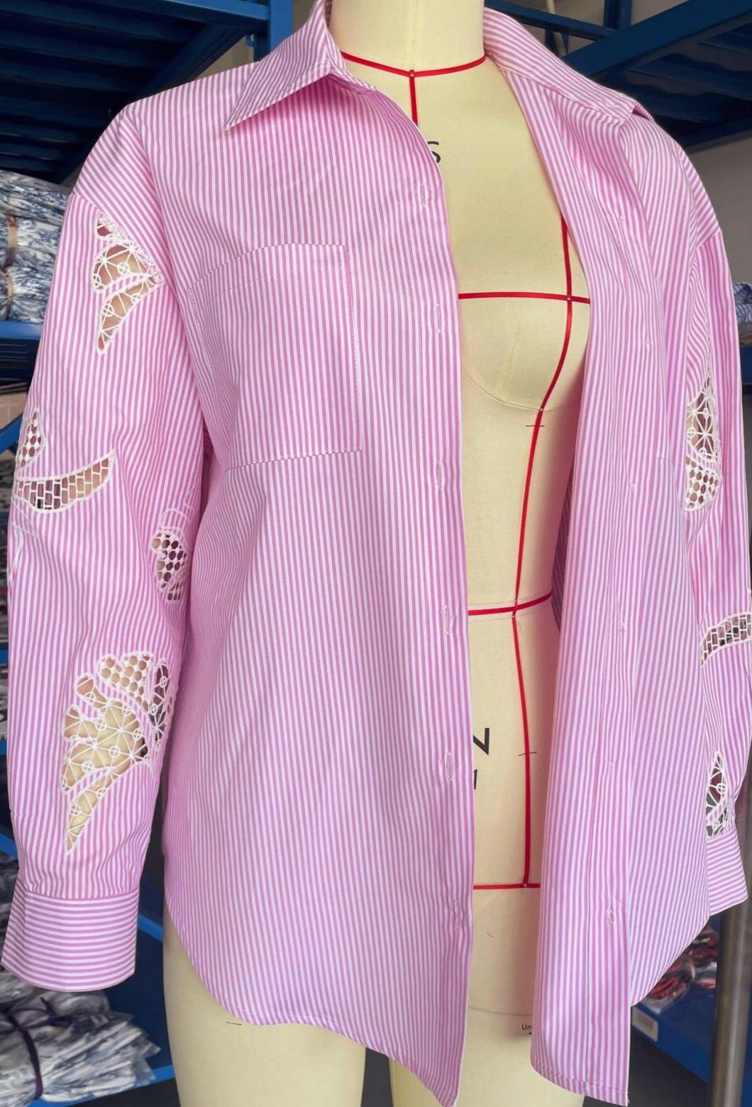Pink Pinstripe Boyfriend Shirt With Lace Sleeves - Pink - 1