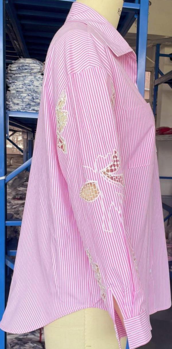 Pink Pinstripe Boyfriend Shirt With Lace Sleeves - Pink - 10