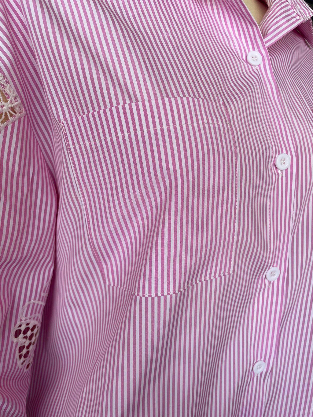 Pink Pinstripe Boyfriend Shirt With Lace Sleeves - Pink - 11