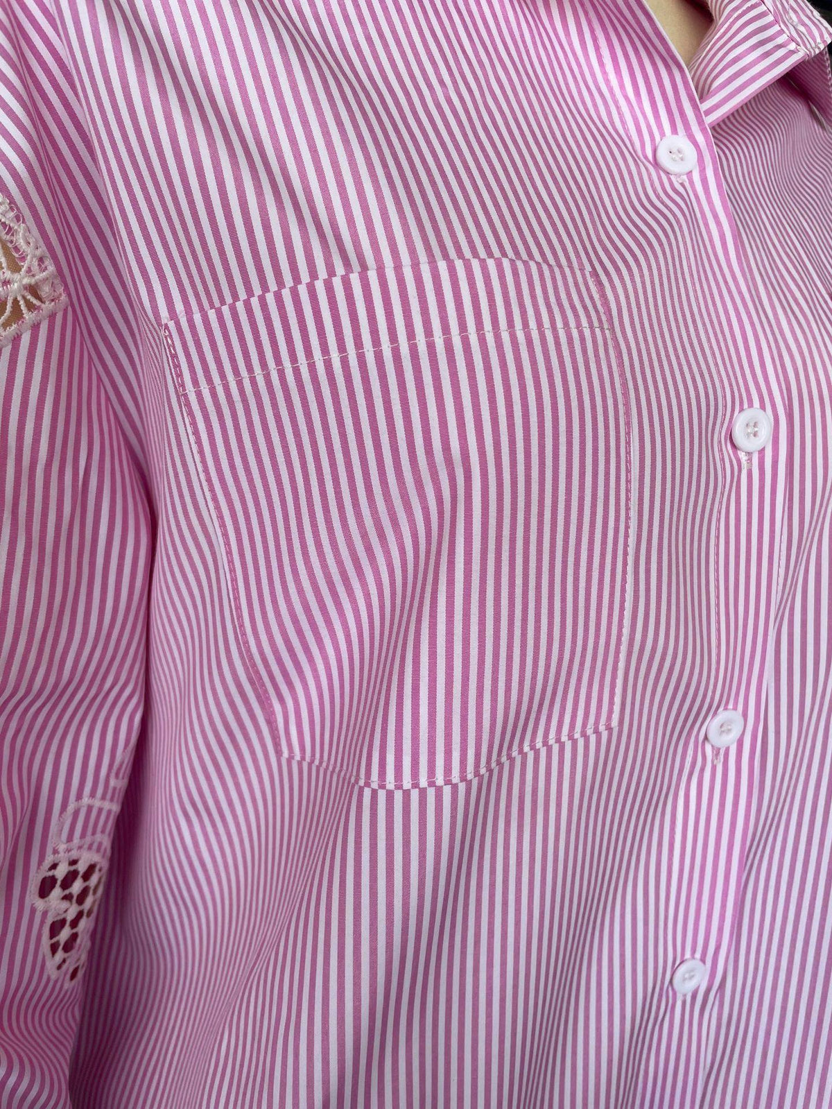 Pink Pinstripe Boyfriend Shirt With Lace Sleeves - Pink - 11