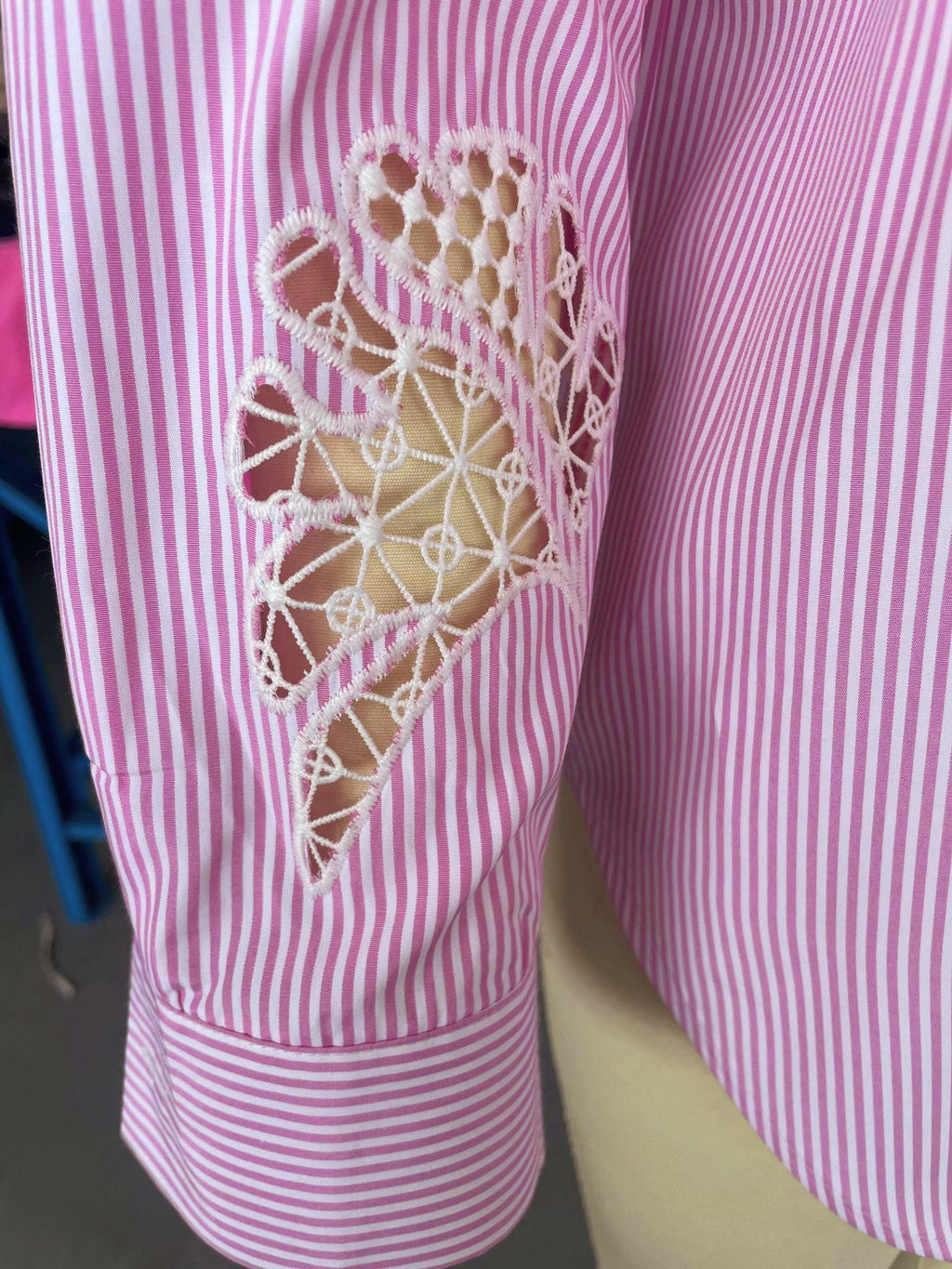 Pink Pinstripe Boyfriend Shirt With Lace Sleeves - Pink - 12