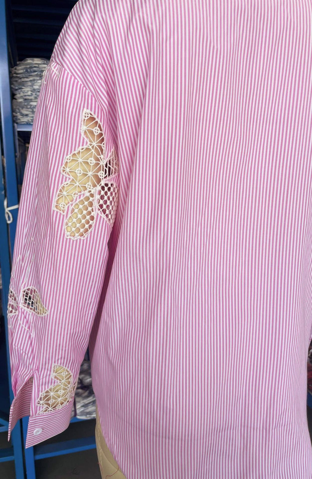 Pink Pinstripe Boyfriend Shirt With Lace Sleeves - Pink - 2