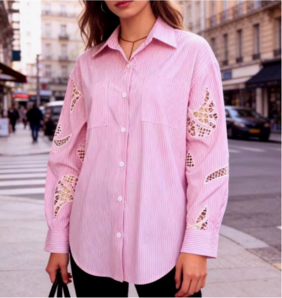 Pink Pinstripe Boyfriend Shirt With Lace Sleeves - Pink - 3