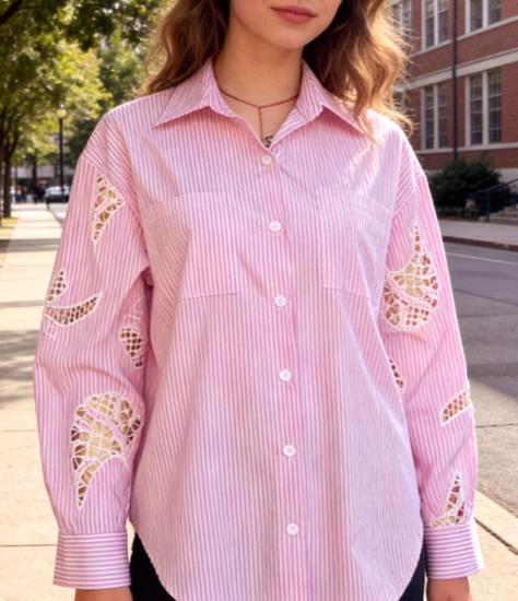 Pink Pinstripe Boyfriend Shirt With Lace Sleeves - Pink - 5