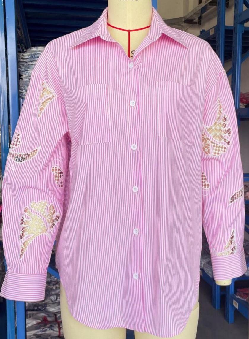 Pink Pinstripe Boyfriend Shirt With Lace Sleeves - Pink - 8