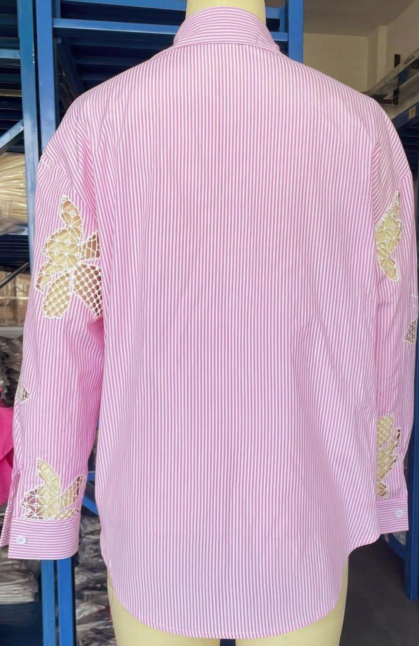 Pink Pinstripe Boyfriend Shirt With Lace Sleeves - Pink - 9