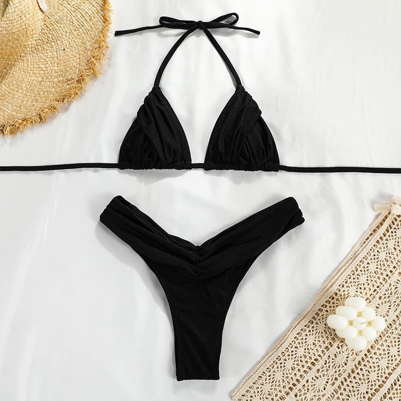 Gathered Cup V Front High Leg Bikini - Black