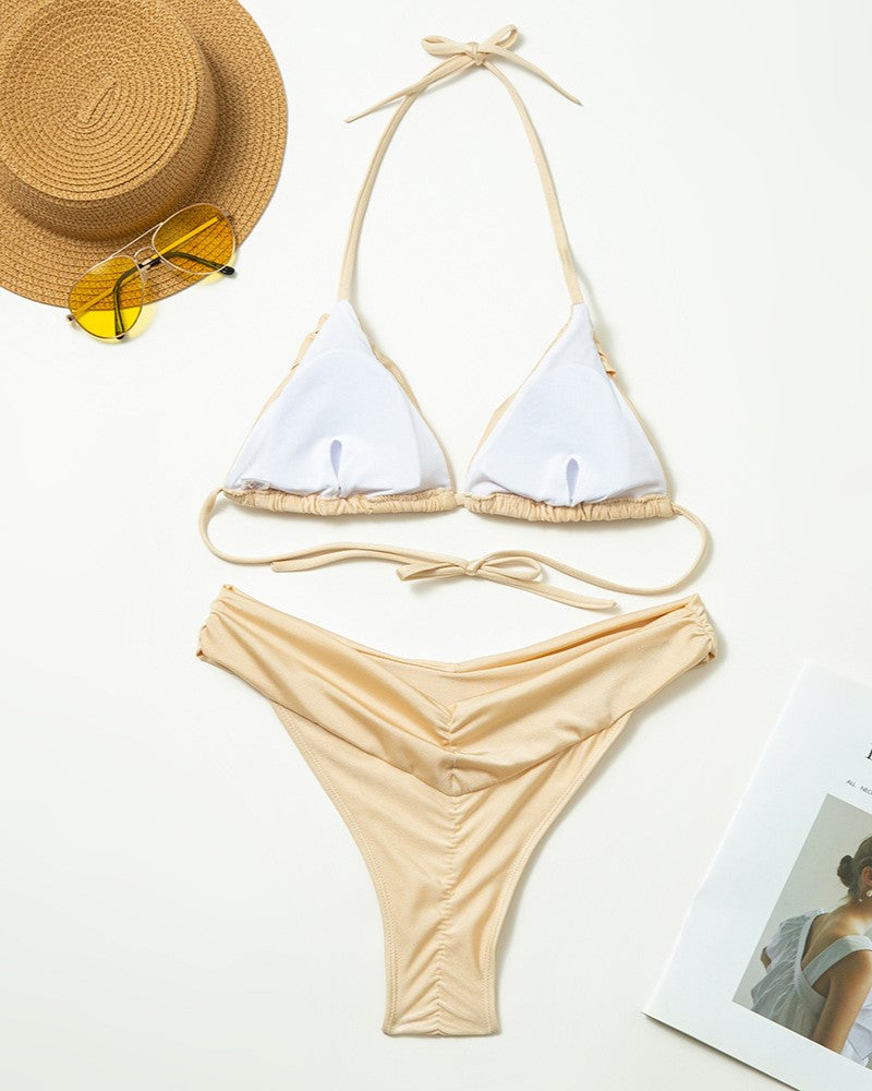 Gathered Cup V Front High Leg Bikini - Champagne - 1