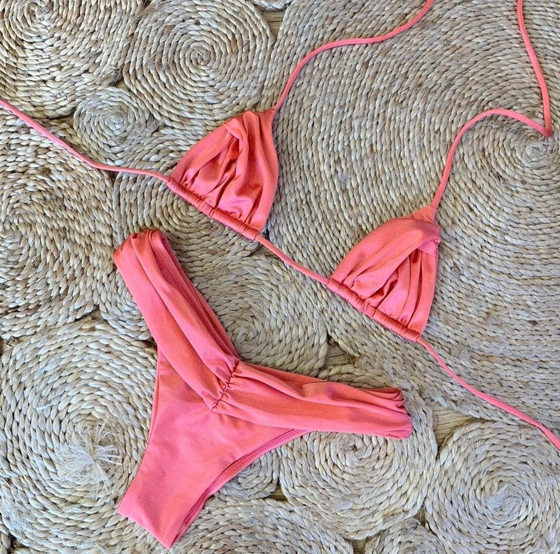 Gathered Cup V Front High Leg Bikini - Pink - 1
