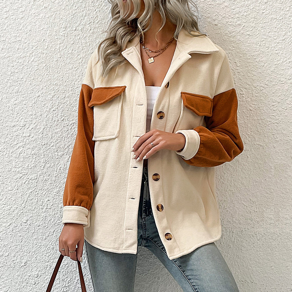 Colorblock Fleece Shacket With Flap Pockets - APRICOT