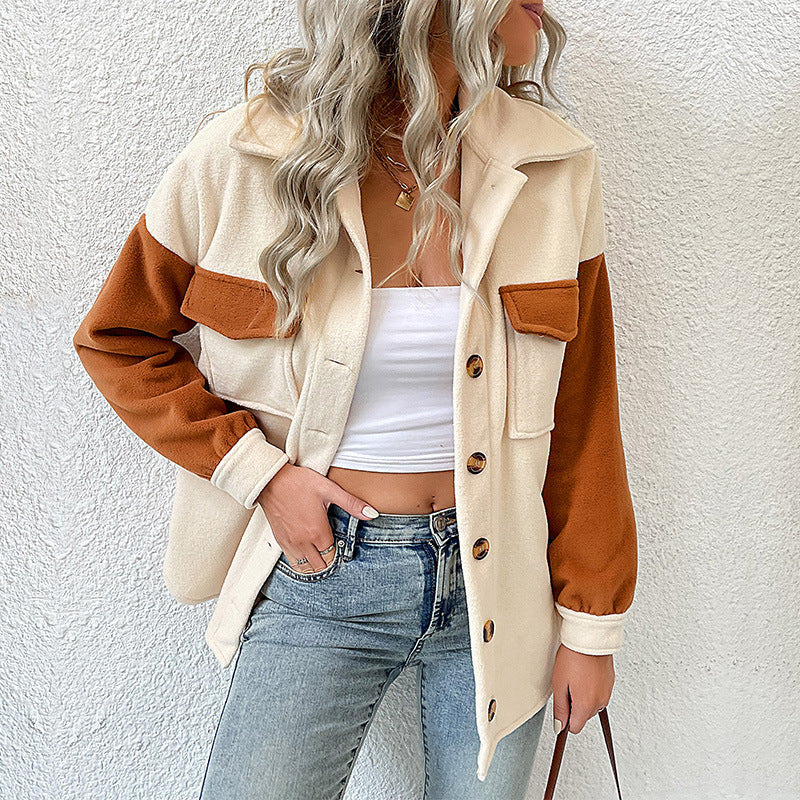 Colorblock Fleece Shacket With Flap Pockets - APRICOT - 1