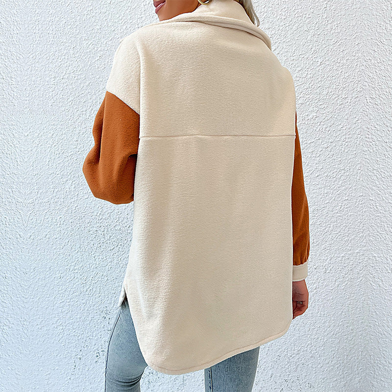 Colorblock Fleece Shacket With Flap Pockets - APRICOT - 2