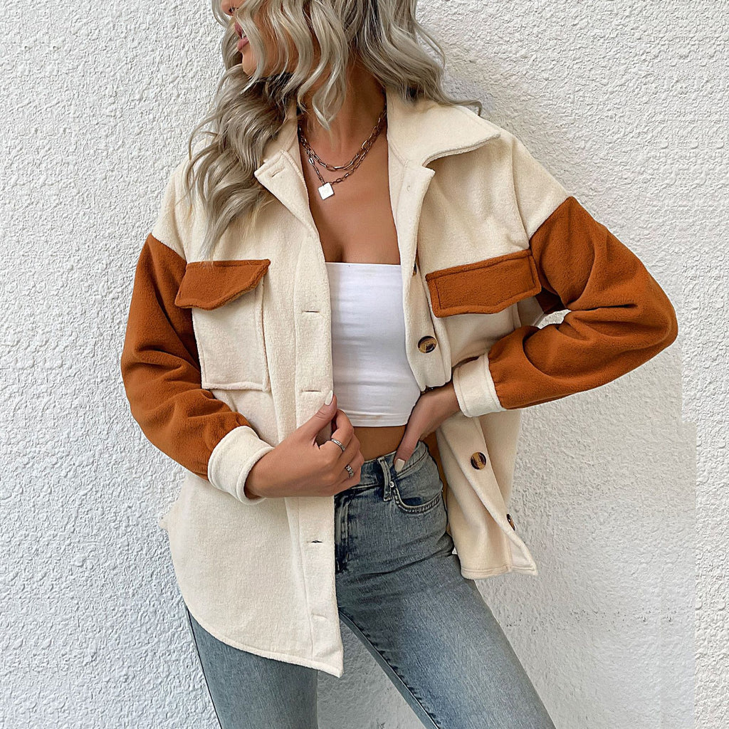 Colorblock Fleece Shacket With Flap Pockets
