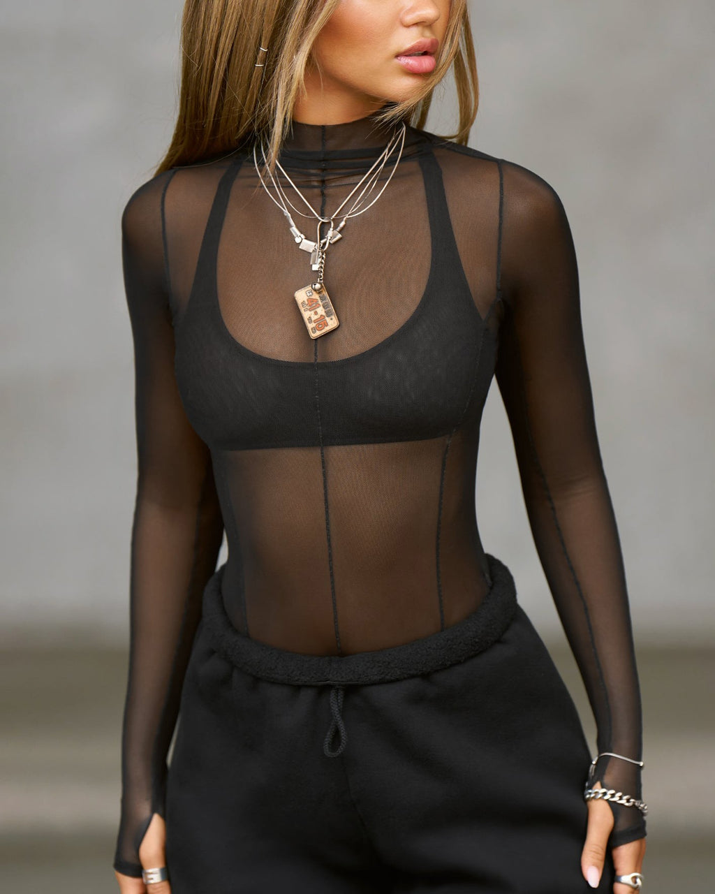 Long Sleeve Mesh Turtleneck Layering Top - Black