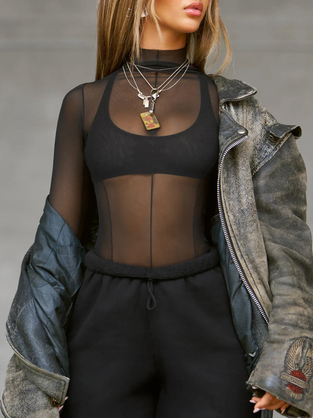 Long Sleeve Mesh Turtleneck Layering Top - Black - 1