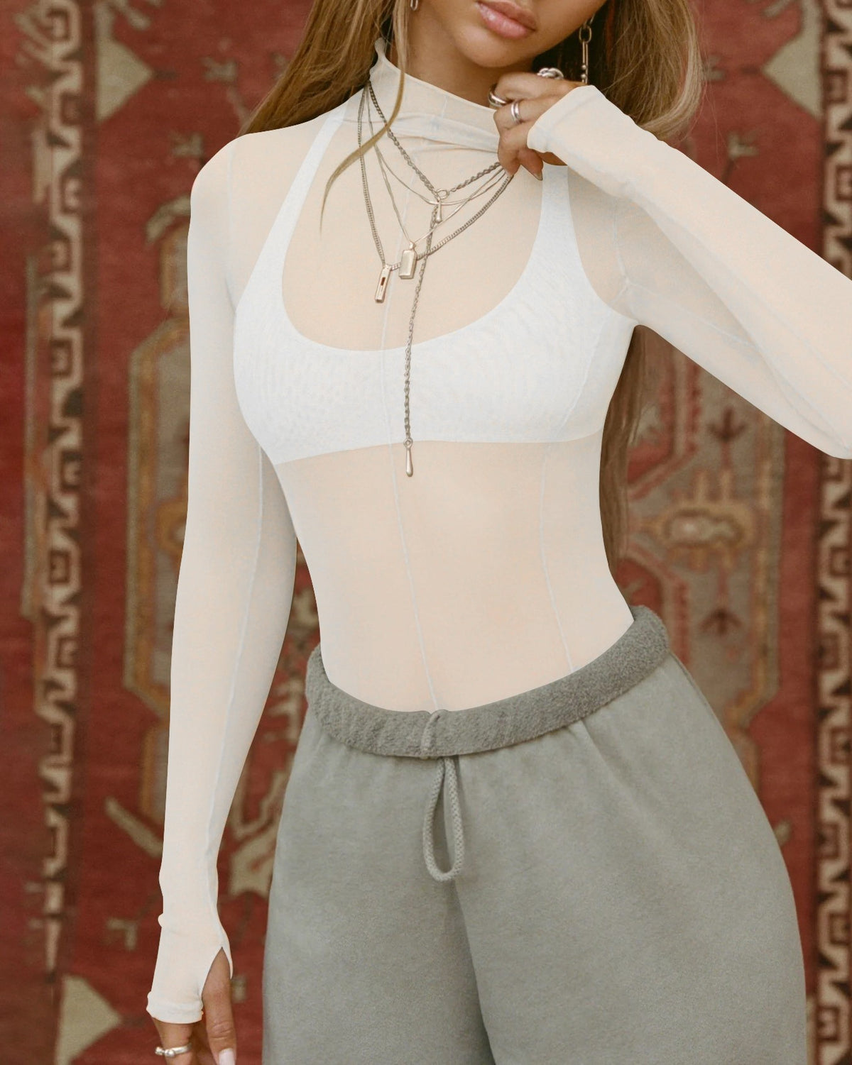 Long Sleeve Mesh Turtleneck Layering Top - White - 1