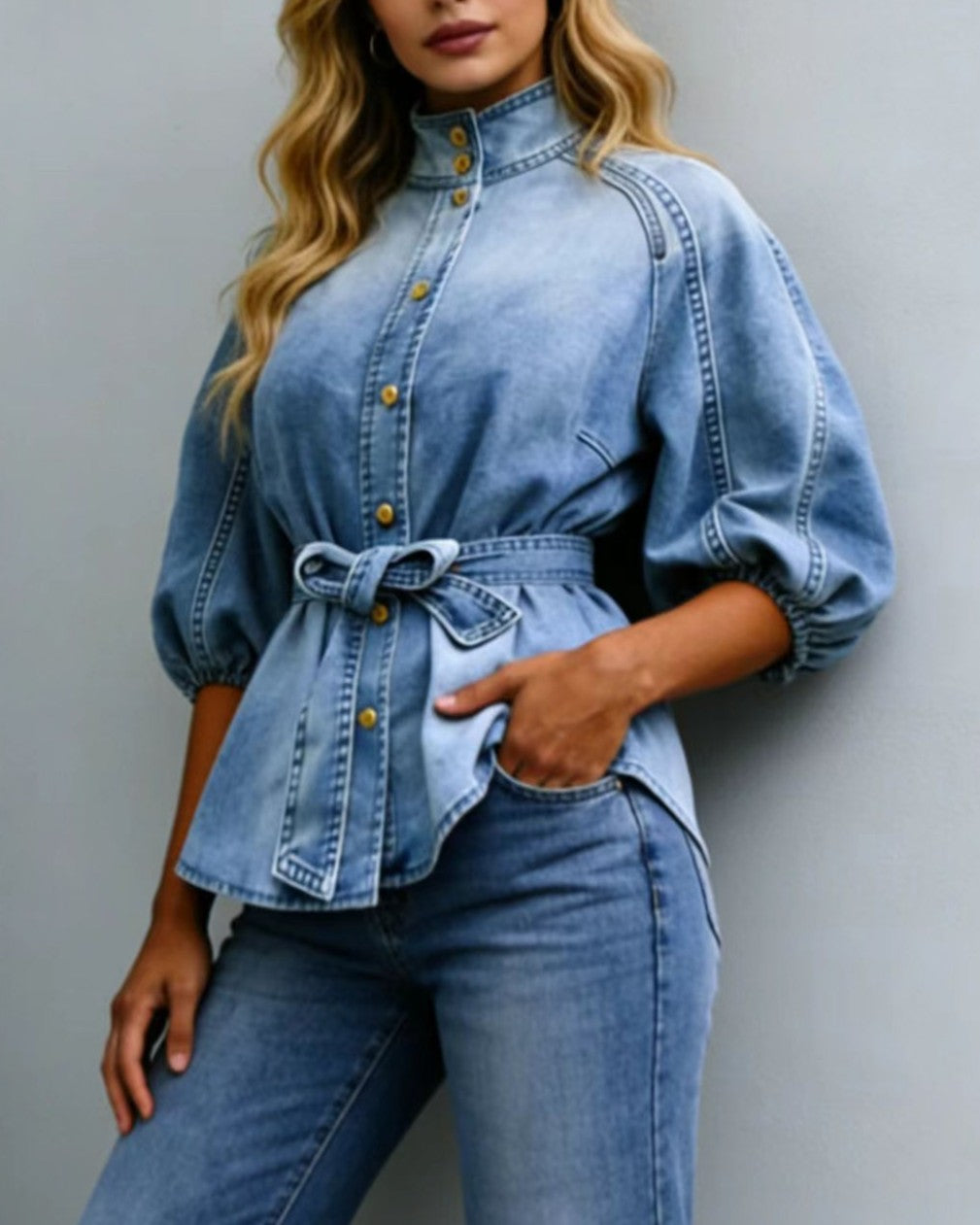 Belted Denim Peplum Shirt With Balloon Sleeves - Blue