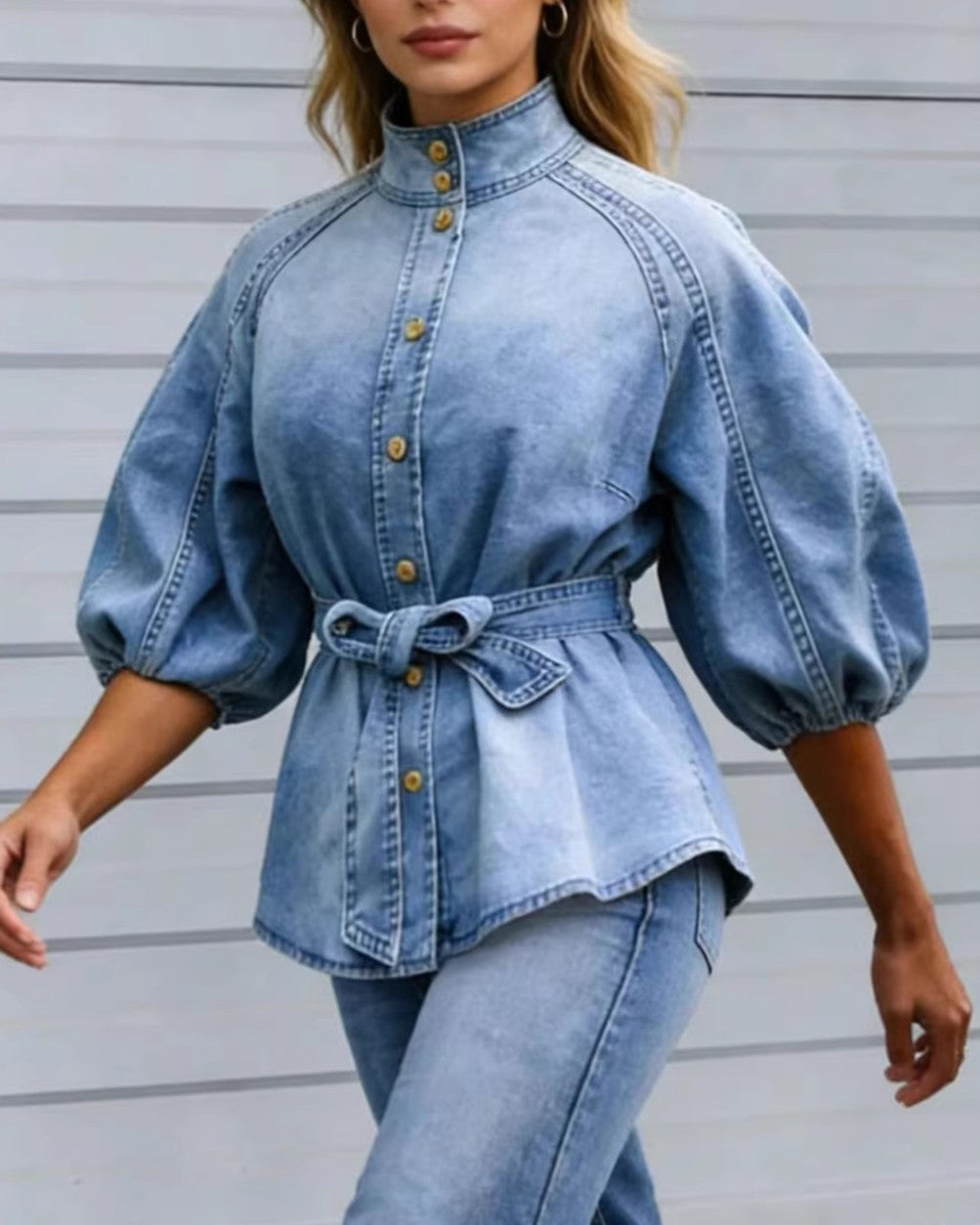 Belted Denim Peplum Shirt With Balloon Sleeves - Blue - 1