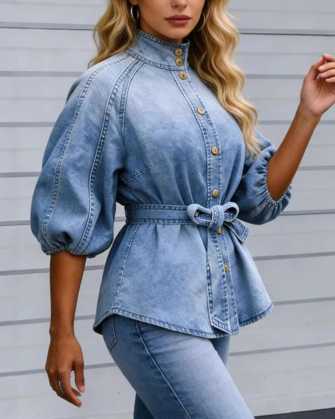 Belted Denim Peplum Shirt With Balloon Sleeves - Blue - 2