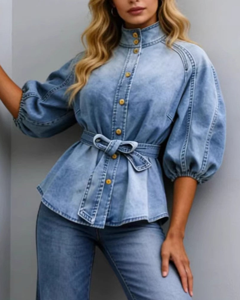 Belted Denim Peplum Shirt With Balloon Sleeves - Blue - 3