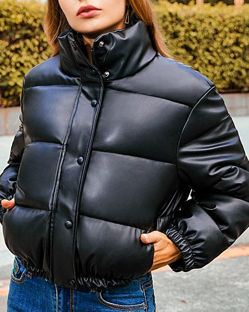 Cropped Faux Leather Puffer Jacket - Black