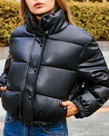 Cropped Faux Leather Puffer Jacket - Black
