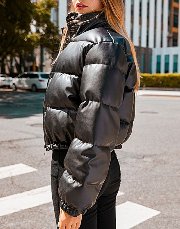 Cropped Faux Leather Puffer Jacket - Black - 1