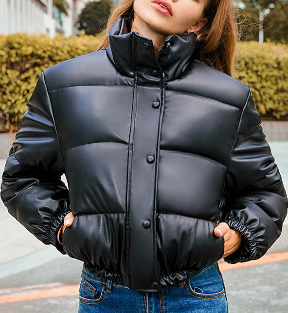 Cropped Faux Leather Puffer Jacket - Black - 2